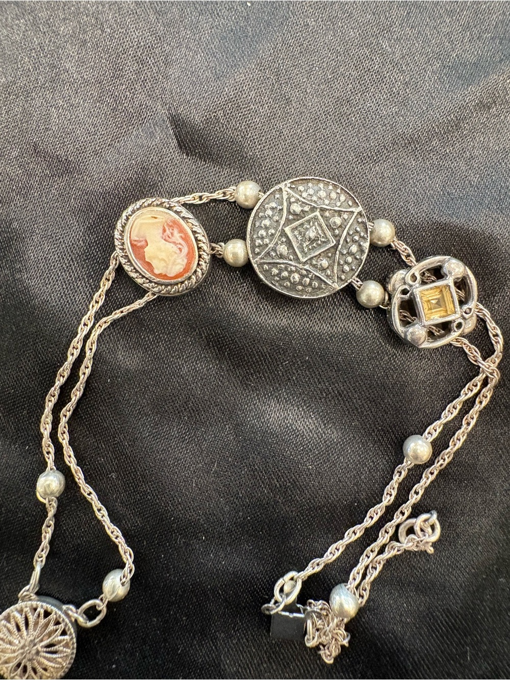 Vintage Hughes Victorian sterling Silver slide Bracelet Cameo and Accent Stones